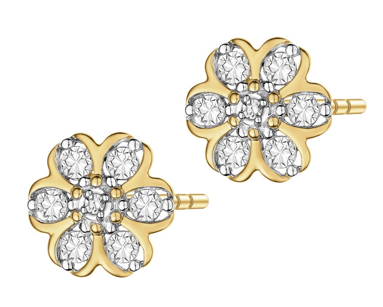 Kolczyki z żółtego złota z diamentami - kwiat - 0,01 ct - próba 375