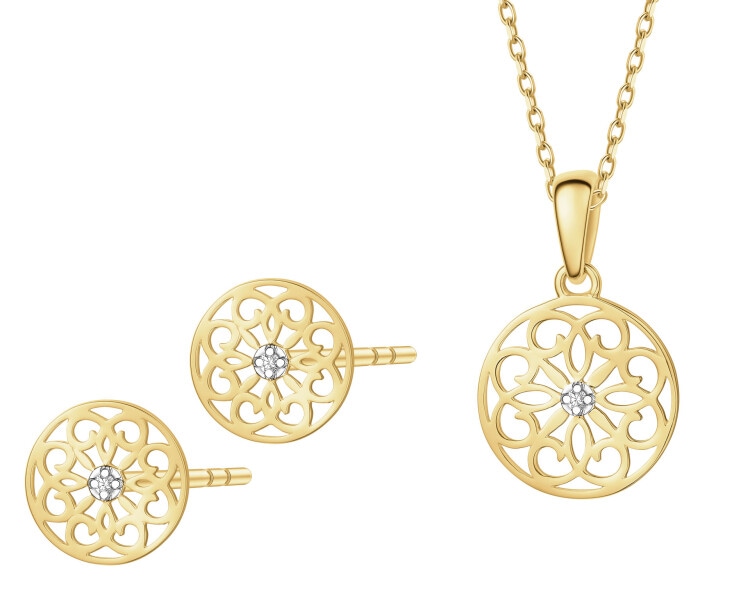 Zawieszka i kolczyki z żółtego złota z diamentami - komplet - 0,01 ct - próba 585