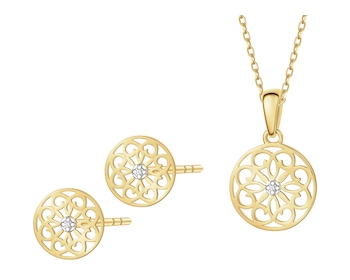 Zawieszka i kolczyki z żółtego złota z diamentami - komplet - 0,01 ct - próba 585