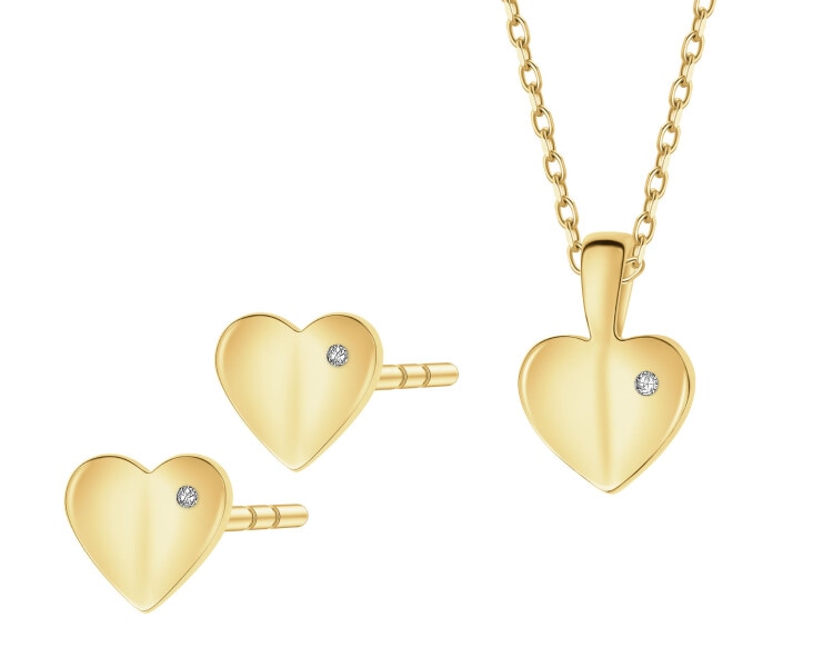 Zawieszka i kolczyki z żółtego złota z diamentami - komplet - serca - 0,01 ct - próba 585