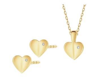 Zawieszka i kolczyki z żółtego złota z diamentami - komplet - serca - 0,01 ct - próba 375