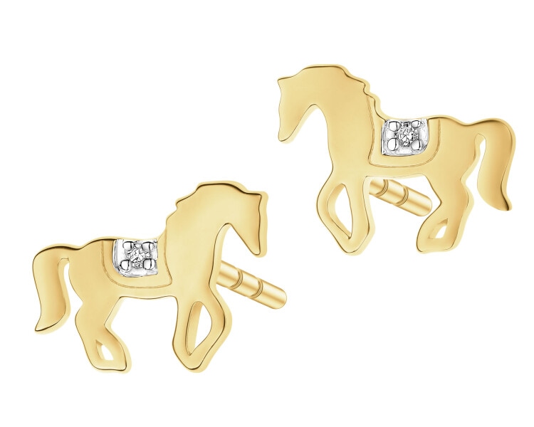 Kolczyki z żółtego złota z diamentami - konie - 0,006 ct - próba 585
