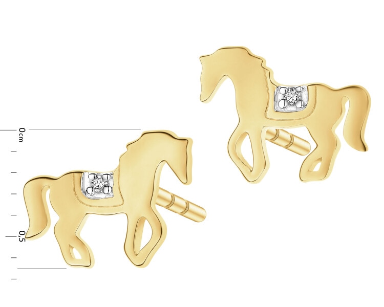 Kolczyki z żółtego złota z diamentami - konie - 0,006 ct - próba 585
