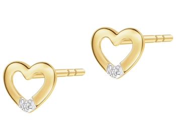 Kolczyki z żółtego złota z diamentami - serca - 0,008 ct - próba 585
