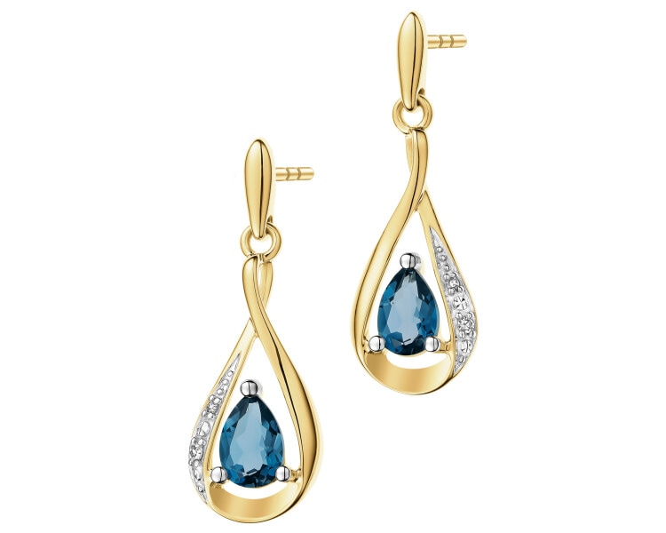 Kolczyki z żółtego złota z diamentami i topazami London Blue - próba 585