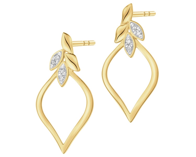 Kolczyki z żółtego złota z diamentami - liście - 0,03 ct - próba 375