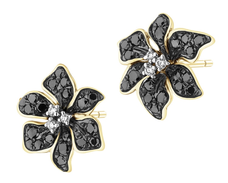Kolczyki z żółtego złota z brylantami - kwiat - 0,46 ct - próba 585