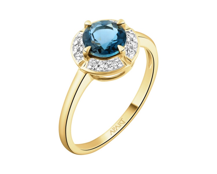 Pierścionek z żółtego złota z diamentami i topazem London Blue - próba 585