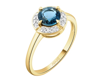Pierścionek z żółtego złota z diamentami i topazem London Blue - próba 585