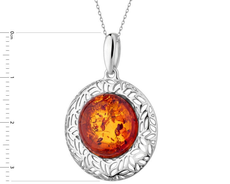 Rhodium Plated Silver Pendant with Amber
