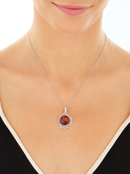 Rhodium Plated Silver Pendant with Amber