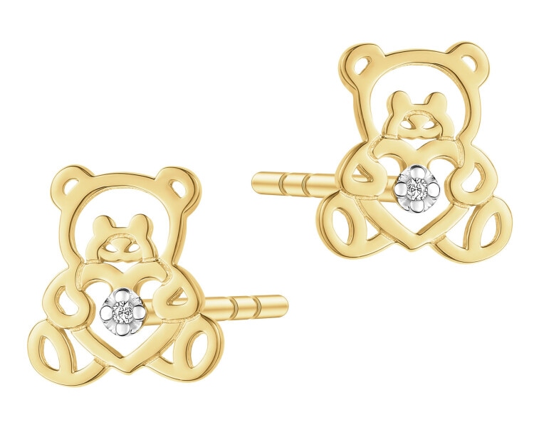Kolczyki z żółtego złota z diamentami - misie - 0,004 ct - próba 585