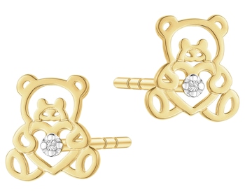 Kolczyki z żółtego złota z diamentami - misie - 0,004 ct - próba 585
