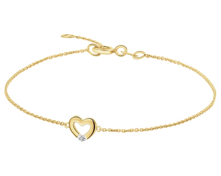 Bransoletka z żółtego złota z diamentem - serce - 0,004 ct - próba 585
