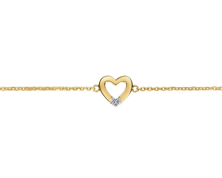 Bransoletka z żółtego złota z diamentem - serce - 0,004 ct - próba 585
