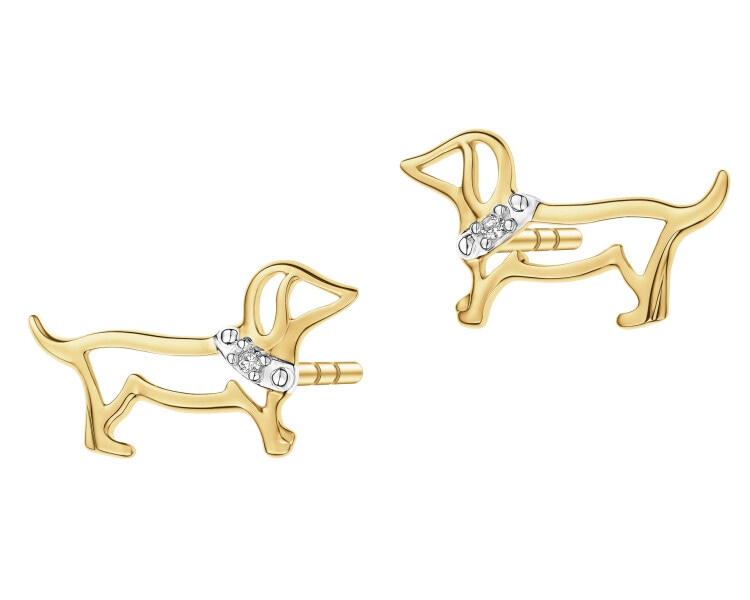 Kolczyki z żółtego złota z diamentami - jamnik - 0,006 ct - próba 585