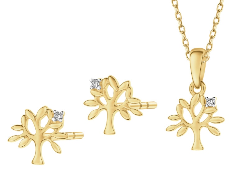 Zawieszka i kolczyki z żółtego złota z diamentami - komplet - drzewka - 0,01 ct - próba 375
