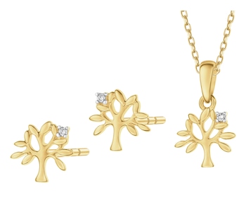 Zawieszka i kolczyki z żółtego złota z diamentami - komplet - drzewka - 0,01 ct - próba 375