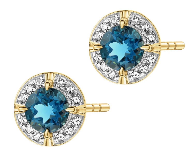 Kolczyki z żółtego złota z diamentami i topazami London Blue - próba 585