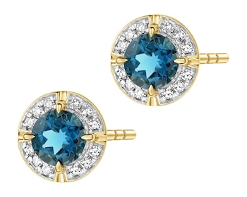 Kolczyki z żółtego złota z diamentami i topazami London Blue - próba 585