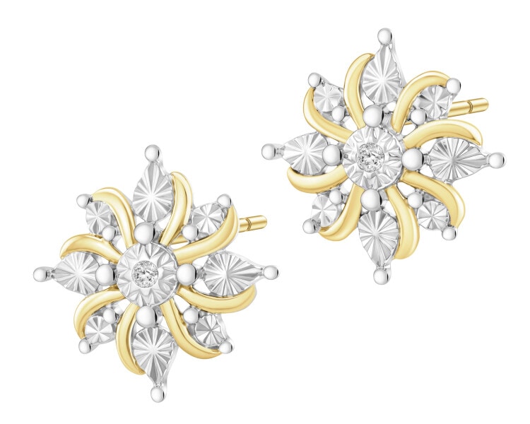 Kolczyki z żółtego złota z diamentami - kwiaty - 0,01 ct - próba 375