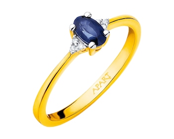 Yellow gold ring with diamonds and sapphire - fineness 9 K