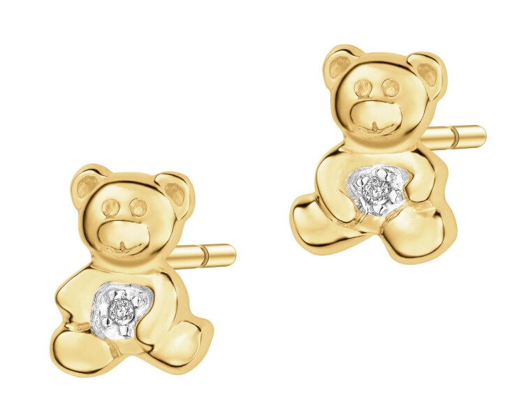 Kolczyki z żółtego złota z diamentami - misie - 0,004 ct - próba 585