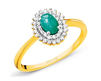 Yellow gold ring with brilliants and emerald 0,19 ct - fineness 14 K