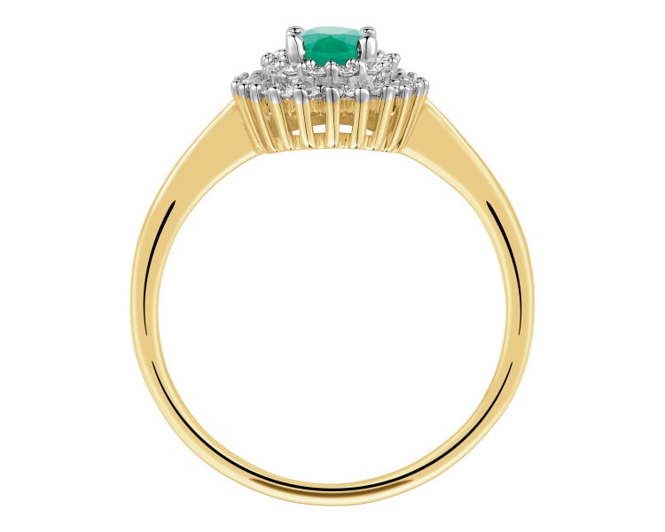 Yellow gold ring with brilliants and emerald - fineness 14 K