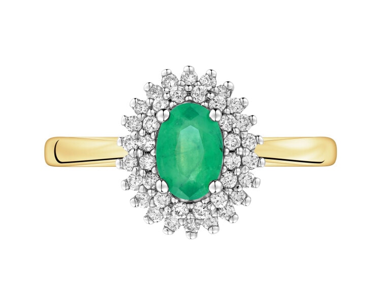 Yellow gold ring with brilliants and emerald - fineness 14 K