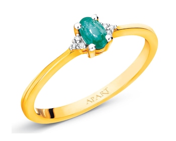Yellow gold ring with diamonds and emerald 0,01 ct - fineness 9 K