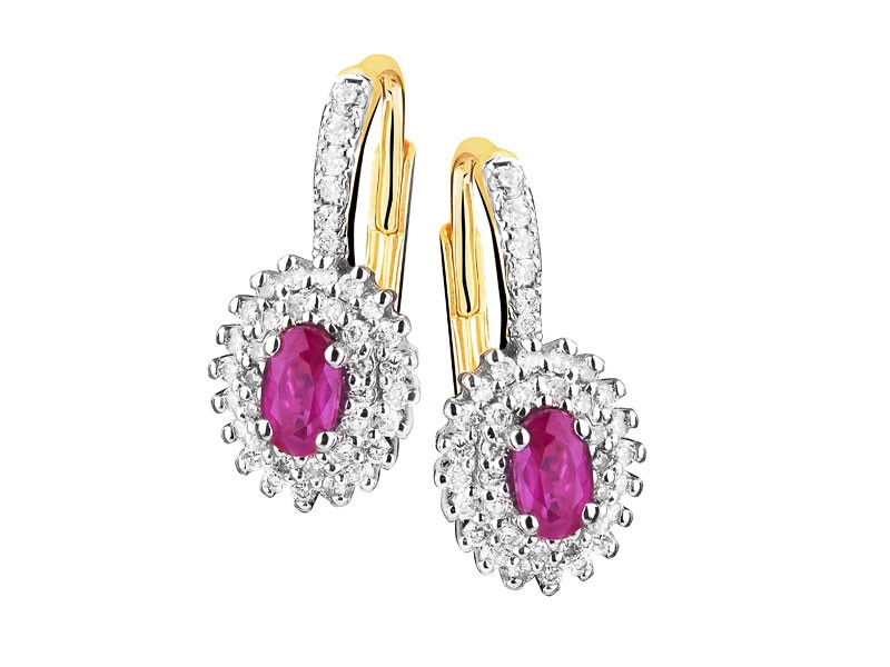 Yellow gold earrings with brilliants and rubies - fineness 14 K