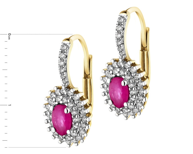 Yellow gold earrings with brilliants and rubies - fineness 14 K