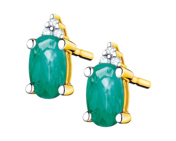 Yellow gold earrings with diamonds and emeralds - fineness 9 K
